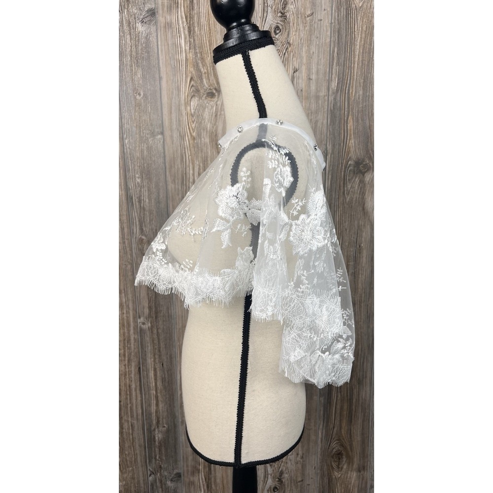 Bridal Sheer Mesh Embroidery Lace Asymmetric Shawl Cape Wedding Prom Party - Picture 5 of 7